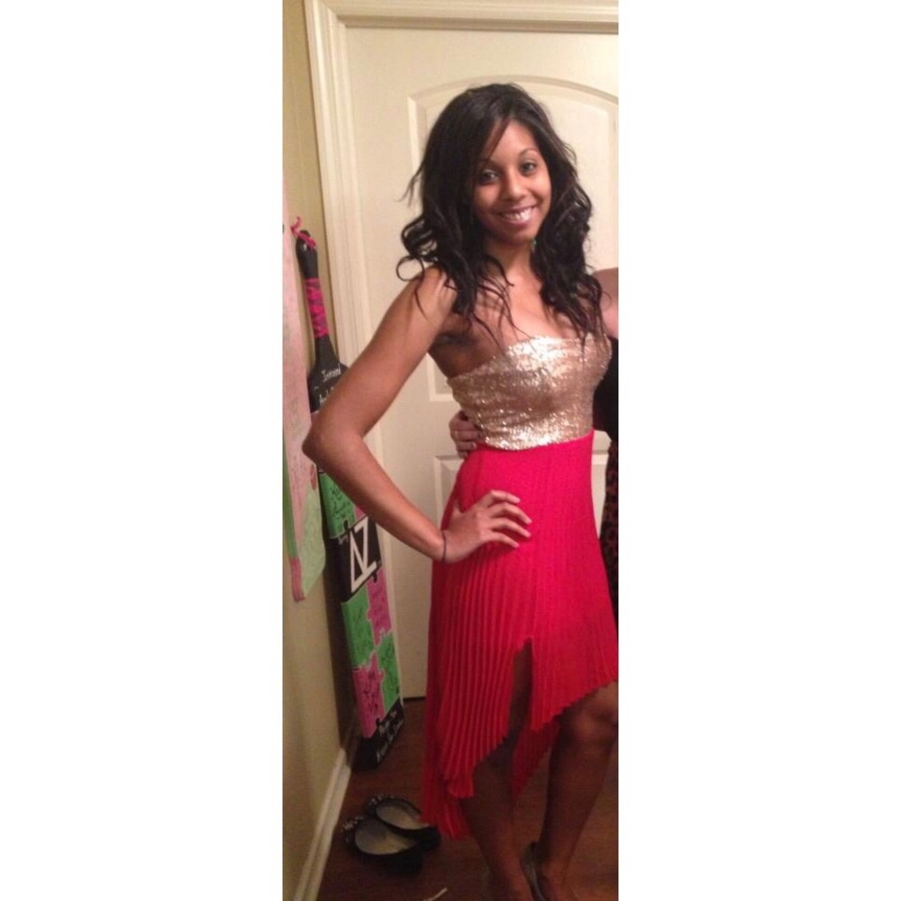 Gold sequin/red high low dress